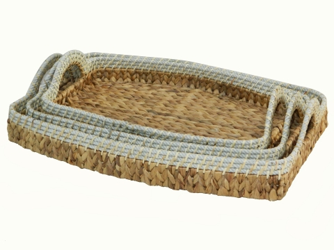 3pc oval water hyacinth tray with rope rim
